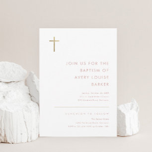 Invitation Croix minimaliste moderne or Baptême