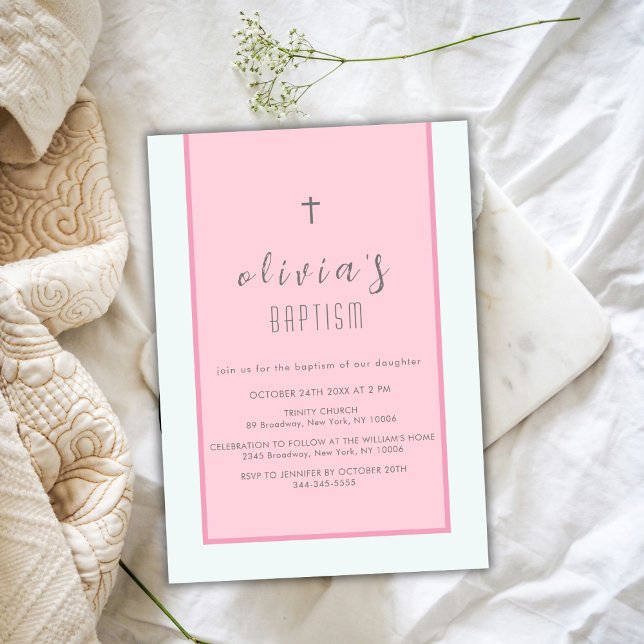 Invitation Croix moderne rose Christening Girl Baptême (Pink Modern Cross Christening Girl Baptism Invitation)