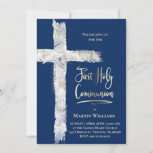 Invitation croix moderne sur fond bleu   Première communion