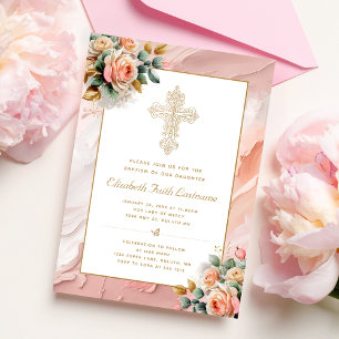 Invitation Croix Ornate Or Peach rose Floral Girl Baptême