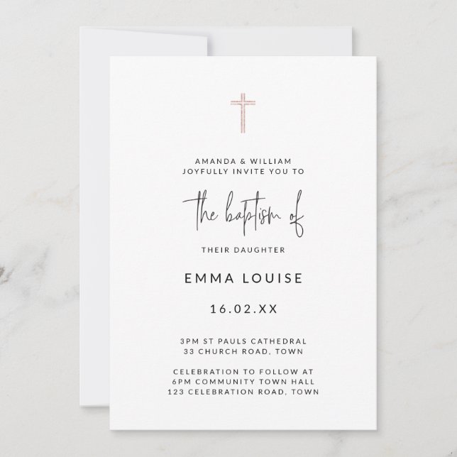 Invitation Croix Pailletée Or Rose Moderne Baptême Manuscrit (Devant)