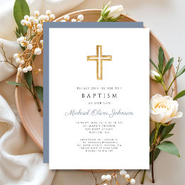 Invitation Croix Religieuse Baptême Garçon Bleu Poussiéreux