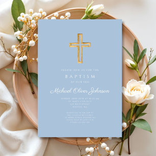 Invitation Croix religieuse Bébé Bleu Script Garçon Baptême