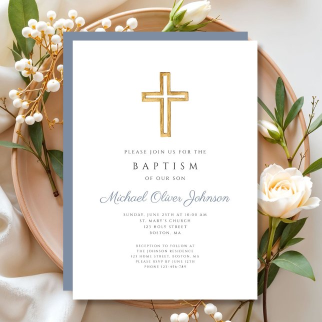Invitation Croix religieuse bleu Dusty Script garçon Baptême (Religious Cross Dusty Blue Script Boy Baptism Invitation)