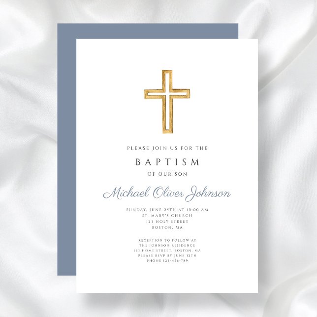 Invitation Croix religieuse bleu Dusty Script garçon Baptême (Religious Cross Dusty Blue Script Boy Baptism Invitation)