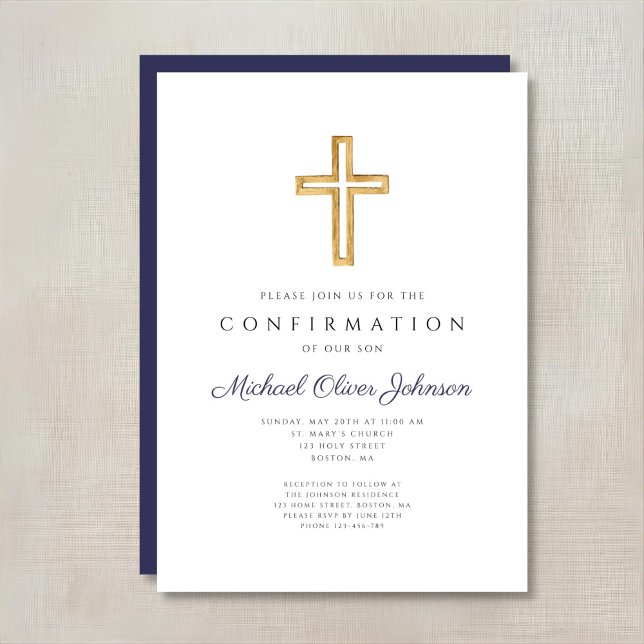 Invitation Croix Religieuse Bleu Marine Garçon Confirmation (Navy Blue Religious Cross Boy Confirmation Invitation)