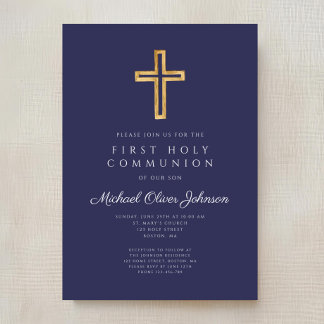 Invitation Croix religieuse bleu marine Première communion de