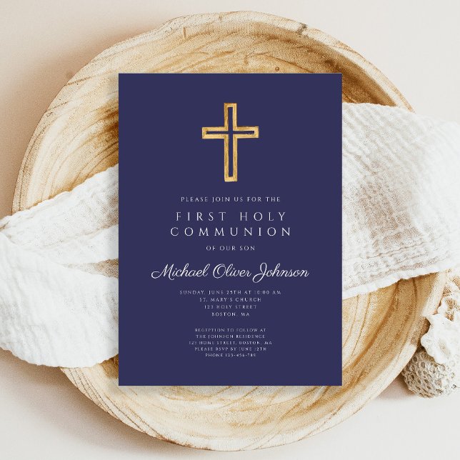 Invitation Croix religieuse bleu marine Première communion de (Navy Blue Religious Cross Boy First Communion Invitation)