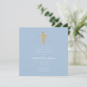 Invitation Croix religieuse bleue élégante pour garçon de pre
