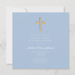 Invitation Croix religieuse bleue élégante pour garçon de pre