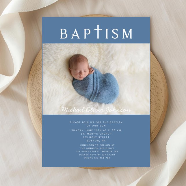 Invitation Croix Religieuse Bleue Moderne Photo Boy Baptême (Modern Blue Religious Cross Photo Boy Baptism Invitation)