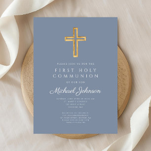 Invitation Croix religieuse bleue poussiéreuse Garçon Premièr