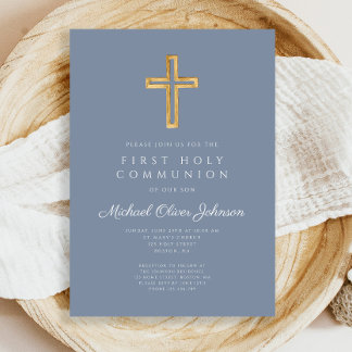 Invitation Croix religieuse bleue poussiéreuse Garçon Premièr
