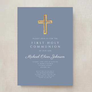 Invitation Croix religieuse bleue poussiéreuse Garçon Premièr
