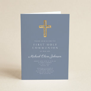 Invitation Croix religieuse bleue poussiéreuse Garçon Premièr