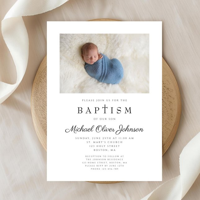 Invitation Croix religieuse Boy Photo Baptême (Religious Cross Boy Photo Baptism Invitation)
