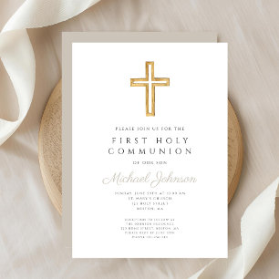 Invitation Croix religieuse de couleur taupe pour garçon de p
