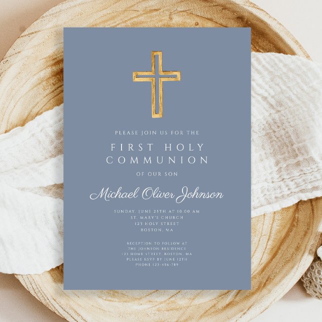 Invitation Croix religieuse Dusty Blue Boy First Communion (Dusty Blue Religious Cross Boy First Communion Invitation)