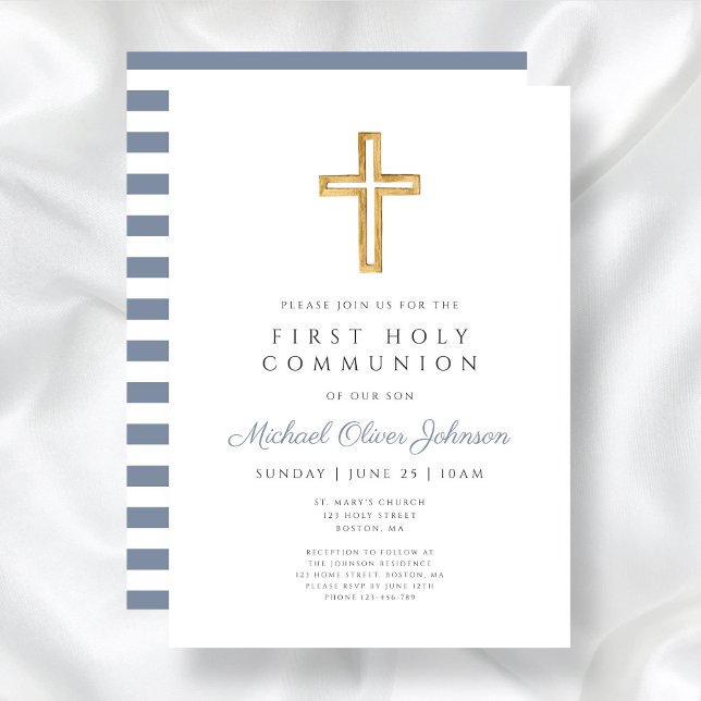 Invitation Croix religieuse Dusty Blue Boy First Communion (Dusty Blue Religious Cross Boy First Communion Invitation)