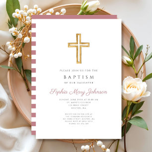 Invitation Croix religieuse Dusty rose rayures Girl Baptism