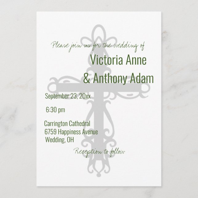 Invitation Croix religieuse Élégant Mariage chrétien vert (Devant)