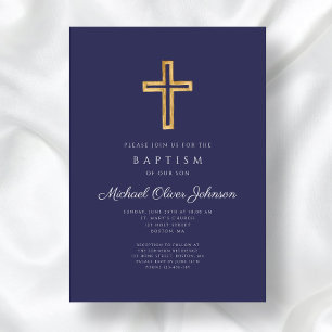 Invitation Croix religieuse élégante bleu marine Garçon Baptê