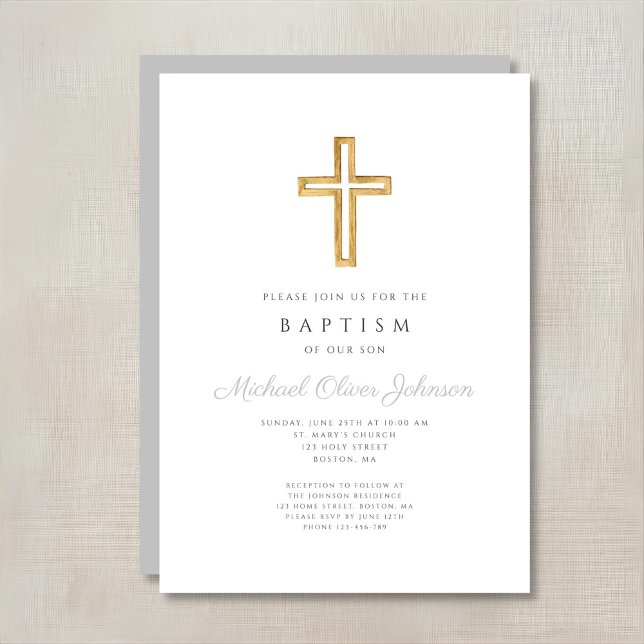 Invitation Croix Religieuse Élégante Grise Baptême Garçon Scr (Elegant Religious Cross Gray Script Boy Baptism Invitation)