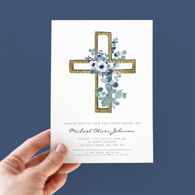 Invitation Croix religieuse Eucalyptus Floral Boy Christening (Créateur téléchargé)