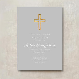 Invitation Croix Religieuse Gris Script Garçon Baptême