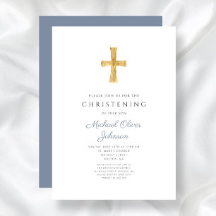 Invitation Croix religieuse moderne Dusty Bleu Christening