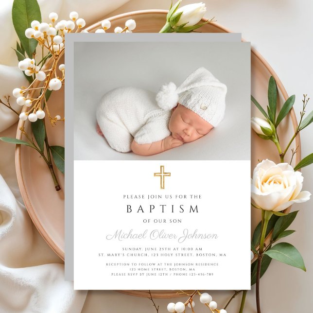 Invitation Croix religieuse moderne Grey Photo Baptême (Gray Modern Religious Cross Photo Baptism Invitation)