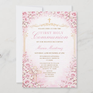 Invitation Croix Religieuse Première Communion Fleurale Rose