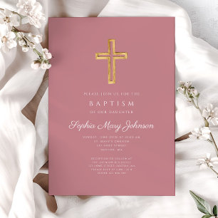 Invitation Croix Religieuse Rose Élégante Fille Baptême