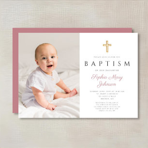 Invitation Croix Religieuse Rose Moderne Fille Photo Baptême
