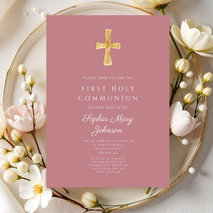 Invitation Croix Religieuse Rose Moderne Fille Première Commu