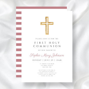 Invitation Croix Religieuse Rose Moderne Fille Première Commu