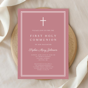 Invitation Croix religieuse rose moderne Première communion d