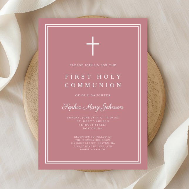 Invitation Croix religieuse rose moderne Première communion d (Modern Pink Religious Cross Girl First Communion Invitation)