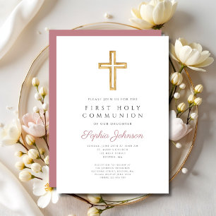 Invitation Croix religieuse rose poudrée fille première commu