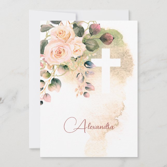 Invitation Croix religieuse rose Rose de la Sainte Communion (Devant)
