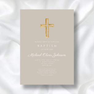 Invitation Croix religieuse Taupe Script Baptême garçon