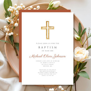 Invitation Croix Religieuse Terracotta Script Baptême