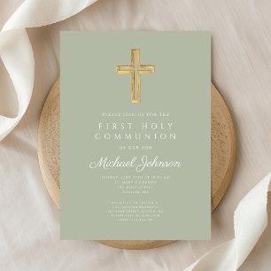 Invitation Croix religieuse vert sauge Garçon Première Commun
