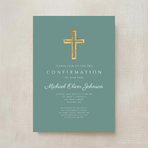 Invitation Croix religieuse verte moderne confirmation garçon