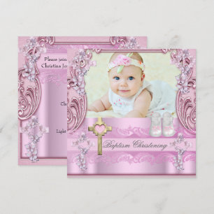 Invitation Croix Rose Baptême Fille Photo Chaussures de Baptê
