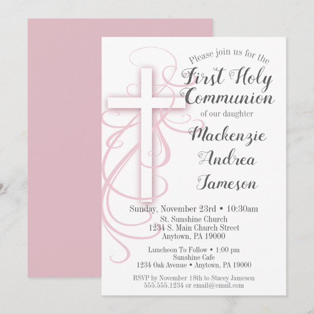 Invitation Croix rose blanche Première communion sainte Invit (Devant / Derrière)
