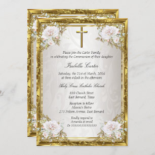 Invitation Croix Rose Communion or beige perle Damask croix