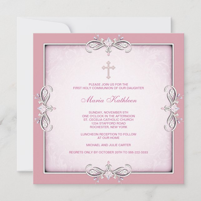 Invitation Croix rose Damask Filles Première communion rose (Devant)