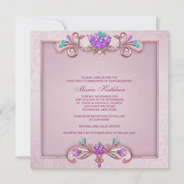 Invitation Croix rose Damask Filles Première communion rose (Devant)