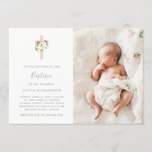 Invitation Croix rose et fleurs blanches  Photo Girl Baptism